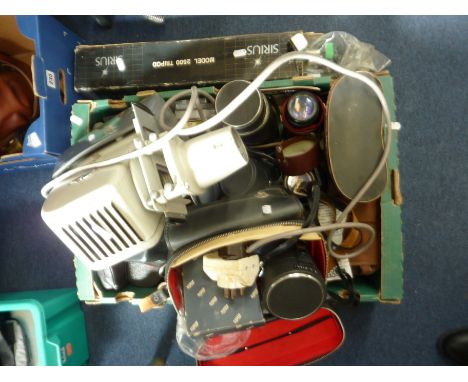 A BOX AND TWO BAGS OF CAMERA EQUIPMENT, including a Minolta xD5, Praktica MTL2 and a Miranda RE-2, lenses include Carl Zeiss 