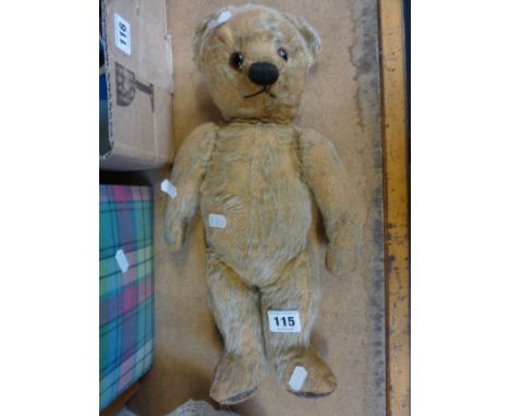 A WELL LOVED TEDDY BEAR, no makers marking, mid 20th Century, probably British Made, vertical stitched nose, plastic eyes, wo