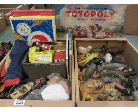 Totopoly board game and other board games, doll, animal toys, marbles, and other vintage and later toys in two boxes