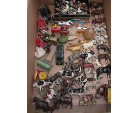 Britains and other vintage lead and other farm animals and implements in one box 