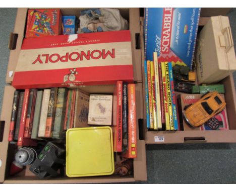 Vintage children's books, annuals, board games and toys in three boxes