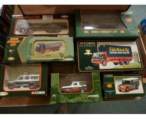 Four Corgi Eddie Stobart rigid 'vintage' trucks, two Land Rovers and a Robin Reliant Regal van boxed CC10805 23602 23203 CC18