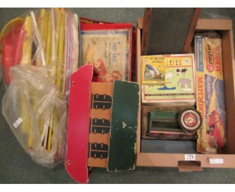 Matchbox Superfast SF-1 Speed Set, Chad Valley 'Tap Tap' game, wooden Noah's Ark set and other vintage toys in one box 