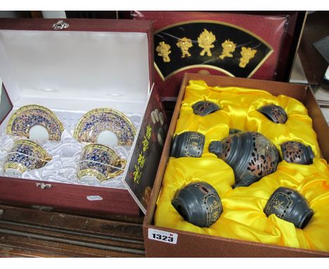 Oriental - Chen Pang Hu Yi Tea Set, in box, good fortune five figure set in box, Russian cups and saucers. (3).