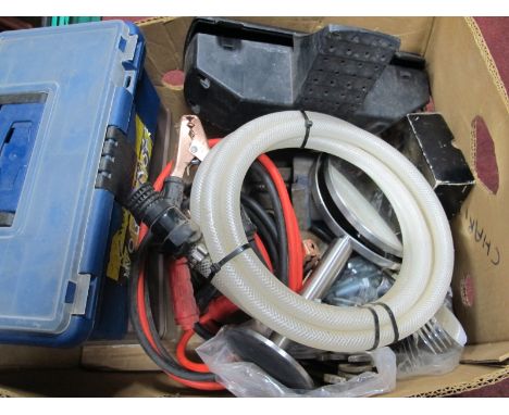 Car Jack, jump leads, bench vice, spanners, cutlery, sports glass, etc:- One Box