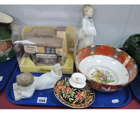 Royal Worcester Commemorative Bowl for QEII Golden Jubilee, two Nao figures, pottery Thorntons  toffee jar, Royal Albert trio