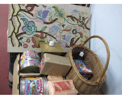An Embroidery, a wicker basket, C.D's, hall lantern, slide viewer, etc; plus a box of vintage advertising items, comprising t