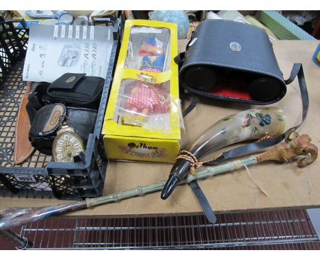 A Pelham Puppet "Dutch Girl", Commodore Binoculars, 10 x 50, camera's, horn, etc:- One Basket.