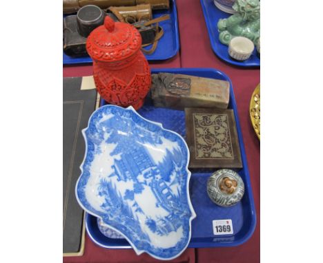 XVIII Century? Blue-White Shaped Dish, (damaged), on base, Oriental red lacquer, jar-cover with a blue enamel liner, and base