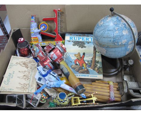 A Mid XX Century Tinplate Chad Valley Globe, a 1969 Rupert book, other small tinplate toys, cigarette cards, etc:- One Box