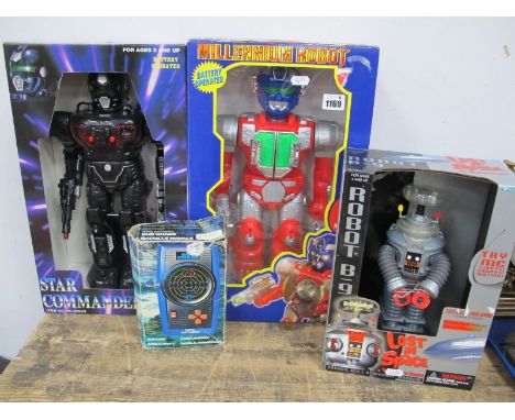 A Boxed Battery Operated Robot, boxed Star Commander Robot, Lost in Space Classic Series Robot B-9, etc (4).