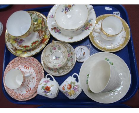 Belleek, German and other Cups and Saucers, Roanoke soup, Caverswall M. Grant miniatures, etc:- One Tray.