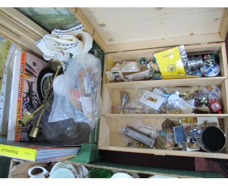 Postcards, books, pair of candlesticks, pictures, etc:- One Box, badges, harmonica, etc in wood case, artists easel.