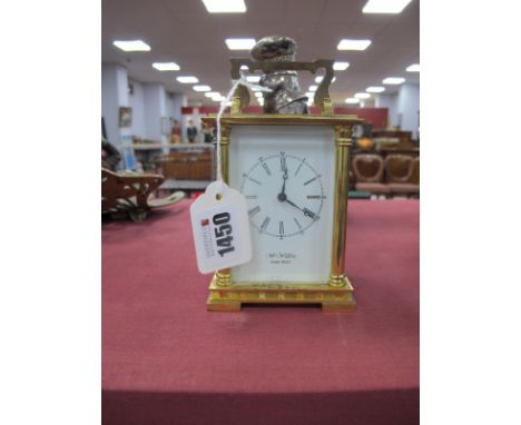 A.W Widdup Brass Carriage Clock, with column support and bracket feet, with carrying handle.