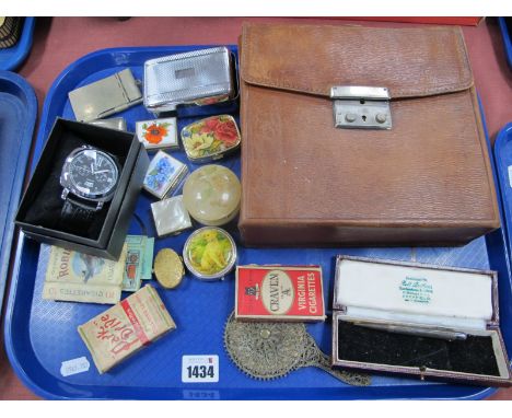 Gent's Travelling Case, pill boxes, Aide Memoire Fyne Poynt Sterling Pencil, watch, filigree mirror, etc:- One Tray.