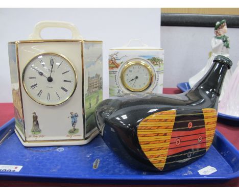 Golf - Aynsley hexagonal clock for Pointers of London. Royal Doulton golfing series clock. McGibbon's whisky holder as a club