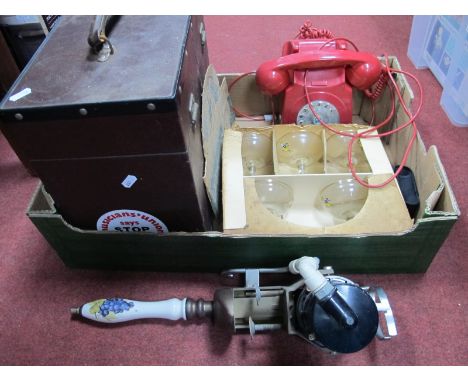 A Beer Pump, red plastic telephone, Babycham glasses, accordion:- One Box.