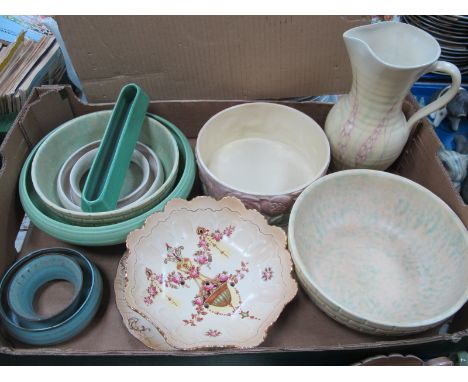 Devon 'Etna' Salad Bowl, Wadeheath, Brantleigh and Falcon bowls, Radford jug vase, posy rings, etc:- One Box.