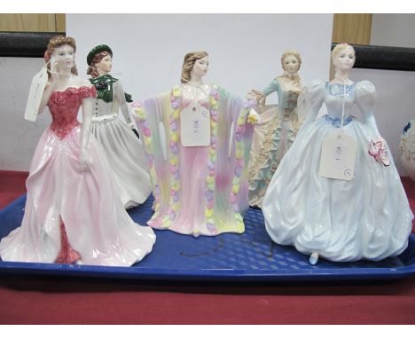 Five Coalport Figures, Lily, Sarah, Winter Stroll, bisque figure Demelza, 'Bedtime Story' limited edition 348 of 11000.