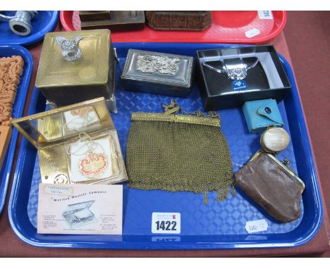 A Gilt Mesh Evening Bag, with adjustable embossed frame and Scottie dog fastener, Kigu musical compact, Kigo musical engine t