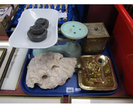 A XIX Century Brass Chamber stick, brass tea caddy, cast iron scales and weights, with enamel pan, shells:- One Tray,