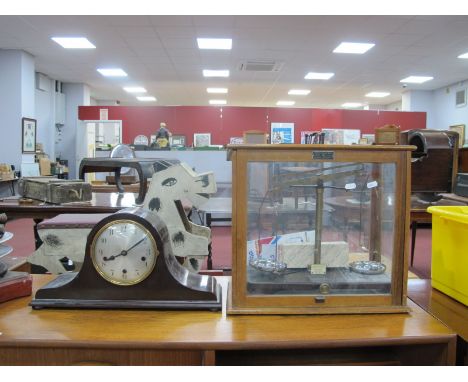 A 1920's Dome Cased Mantle Clock, with Westminster chimes movement, balance scales in case (glaze top panel absent). (2).