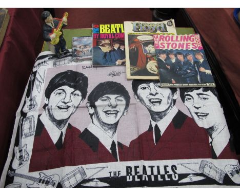 Beatles and Rolling Stones Memorabilia: An Irish Linen 1960's Tea Cloth depicting the Beatles (78cm x 53cm) a porcelain Beatl