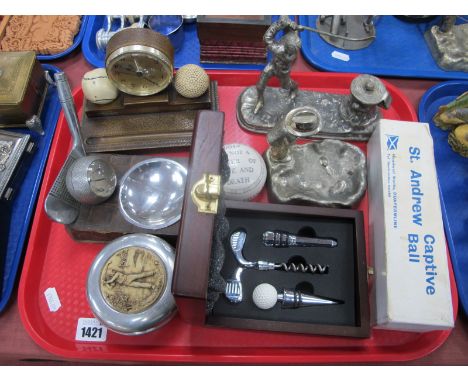 Golf - Viners ashtray, inkwell in white metal, St Andrew Captive Ball, Le Coultre Golf Club clock, etc:- One Tray.