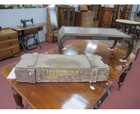 Chinese Inspired Coffee Table, with curved legs, carved junk and bamboo to top, 37cm high, Military ammunition box. (2).