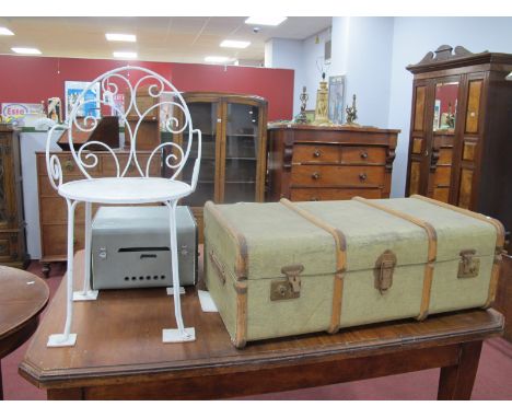 A Vintage Trunk, together with a white painted bathroom chair.