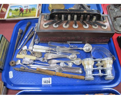 A Victorian Accordion, decorated with mother of pearl, a mother of pearl pair of binoculars, mother of pearl cutlery, etc:- O
