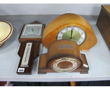 Vintage Smiths Walnut Mantel Clock, one other Smiths clock; together with an oak aneroid barometer. (3)