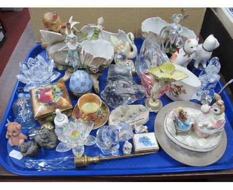 Swaroski Crystal Flowerhead, Hummel figure of a boy reading a newspaper, etc:- One Tray