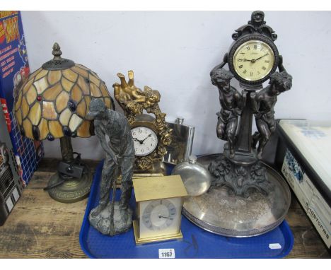 Garrard H.F Quartz Mantel Clock, whisky flasks, plated tray, etc; other quartz clocks, Tiffany style table lamp, etc:- One Tr