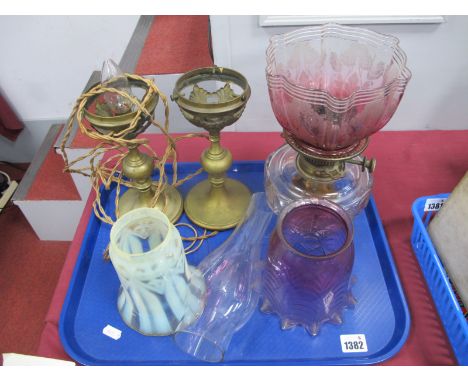 Pair of Early XX Century Brass lamp Bases, early XX Century vaseline tinted glass shade, a similar cranberry glass example, c
