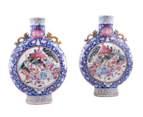 A pair of Chinese famille rose moon flasks, Qing dynasty, late 19th century, each with enamel decoration of figures in the ce