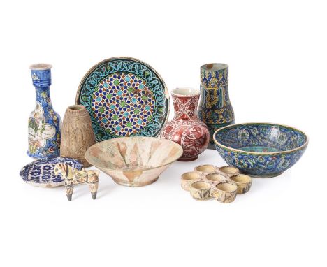 A group of Islamic ceramics, Europe, North Africa and Central Asia, mainly 19th century and later, comprising: a sgraffiato b