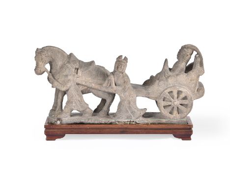 A Chinese stone 'chariot' group, with seated dignitary being pulled in a chariot by a horse with two attendants to one side, 