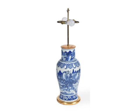 A Chinese blue and white vase, 19th century, painted with pagodas on islands, mountains and boats on lakes, the vase approxim