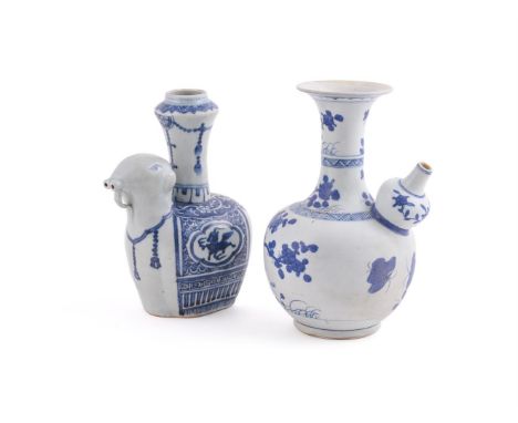 A Chinese blue and white kendi, the globular body decorated with sprays of chrysanthemum and peony, below a prunus scroll at 