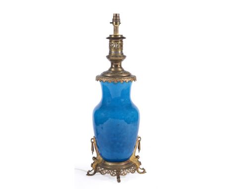 A Chinese turquoise-ground vase, late Qing Dynasty, with gilt metal mounts drilled through base and adapted as a lamp, the va