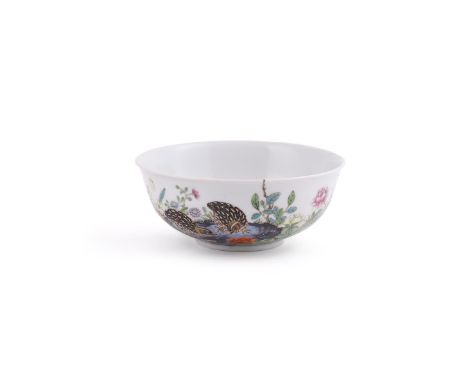 A Chinese Famile Rose bowl, 20th century, the exterior painted with Quail and the interior with a single bird, apocryphal Yon