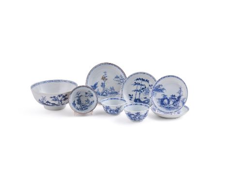 A group of Chinese 'Nanking Cargo' porcelain, circa 1750, comprising: two 'pagoda and riverscape' blue and white tea bowls an