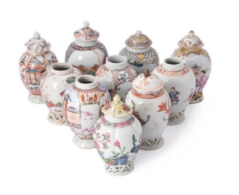 A group of nine Chinese Export tea canisters, Qianlong, six with covers, variously decorated, between 14.5cm and 10cm high (9