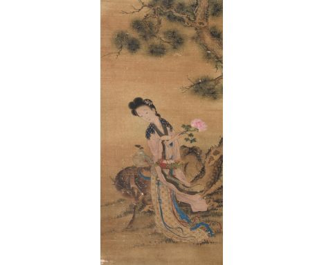 Anonymous Chinese School (Qing Dynasty), Magu and deer, ink and colour on silk, scroll, picture size 74cm x 34cm清 匿名《麻姑贺寿图》 设
