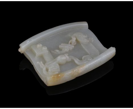 A Chinese pale celadon jade 'scroll' carving, one side with a flowing prunus tree on a 'brocade' ground and the other side wi