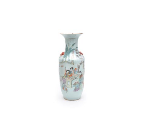 A Chinese famille rose inscribed vase, late 19th century/Republican period, decorated to one side with court ladies and boys 