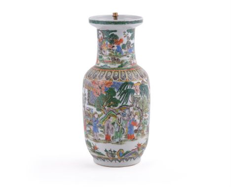 A Chinese Famille Verte vase, Qing Dynasty, 19th century, densely painted with figures in gardens, yellow enamel details, 36c