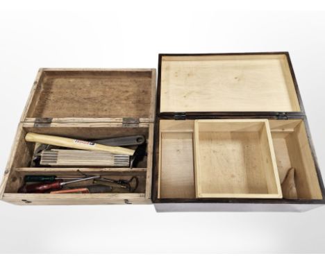 A pine tool box containing a small quantity of tools, folding rule, together with a burr walnut table box.