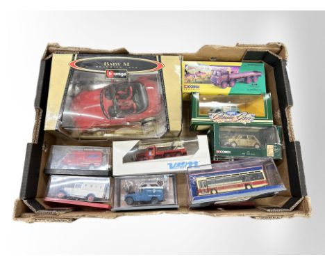 A group of boxed die-cast cars including Burago BMW M roadster, Corgi Classics The Showmans Range Leyland eight-wheel rigid t